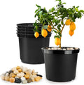 5 Gallon Pots with 10lbs Rocks 12 Inch Plastic Nursery Pots with Drainage Holes Round Sturdy Garden Pots with Stones Deep Nursery Pots for Plants Gardening Gifts for Women (5-Pack Black)