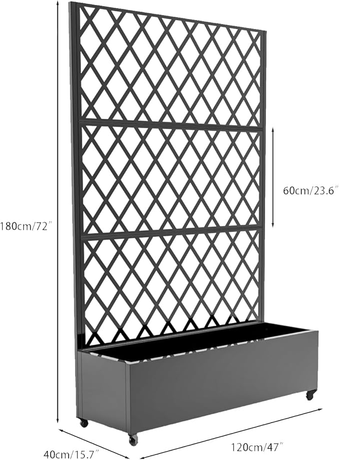 Metal Planter Box with Diamond Lattice Trellis 72x47 Galvanized Raised Garden Bed on Wheels for Climbing Plants Black