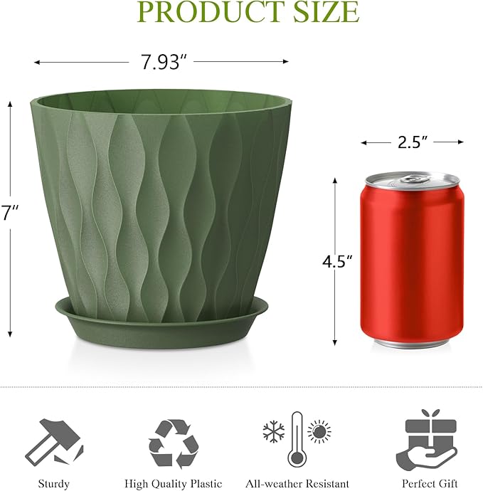 8 Inch Plant Pots with Saucers (4 Pack) - Modern Ribbed Flower Pots for Indoor Plants - Sturdy Decorative Planters for Snake Plant &amp Flowers - Drainage Holes (4 Multicolor)