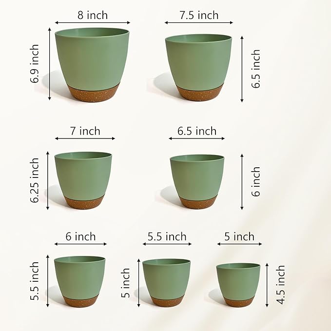LIFFY Plant Pots 87.576.565.55 Inch Plastic Self Watering Planters with Drainage Holes &amp Saucers 7-Pack Green Nursery Planting Pot with Deep Reservoir for Indoor Outdoor Plants