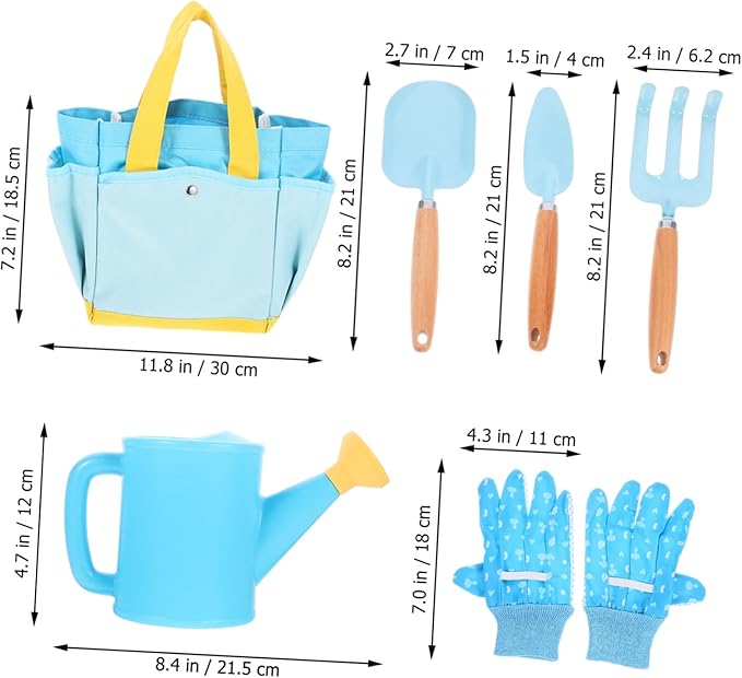 Garden Planting Tools Set with Wooden Handles Shovel Rake Watering Pot for Digging Play and Soil Transplanting Preschool Outdoor