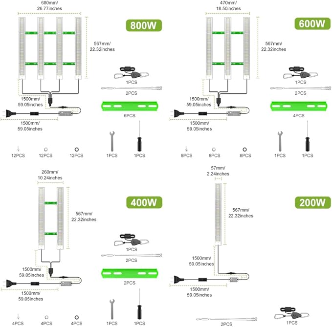 LED Grow Light 2ft 4Heads 800W Equivalent Super Bright Indoor Full Spectrum Plants Lamps Sunlight Fill Planting Lights Greenhouse Tent Growth Box 100-277V Vegetables Seeds Flower Hydroponics Lighting