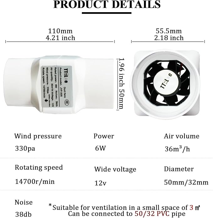 2” Duct Ventilation Fan 50mm with 32mm PVC Pipe Interface 22 CFM Inline Exhaust Booster 6W 12V Air Circulation Vent Blower for Greenhouse