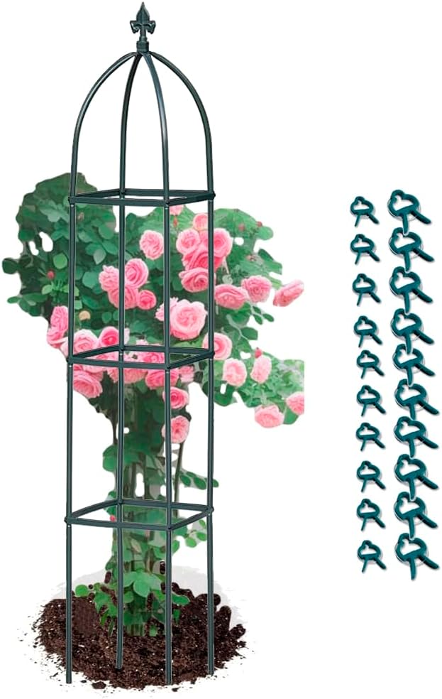 Garden Trellis for Climbing Plants Outdoor - Powder-Coated Steel 63 Metal Trellis Towering Plant Support - Heavy Duty Obelisk Trellis for Climbing Vine Vegetables &amp FlowersDeep Green