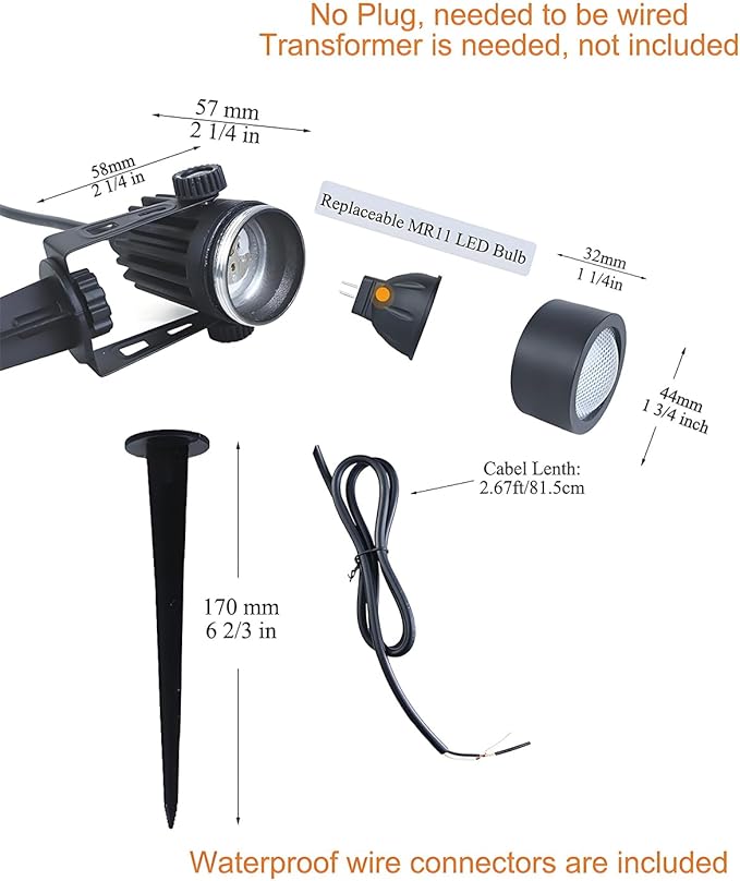 Outdoor Mini Spotlights MR11 LED Bulb 12V Low Voltage Landscape Spotlight 2W 200lm 2700K Warm White IP65 Waterproof Aluminum Light Fixture 1 1/4 Short Head 4-Count
