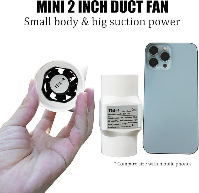 2” Duct Ventilation Fan 50mm with 32mm PVC Pipe Interface 22 CFM Inline Exhaust Booster 6W 12V Air Circulation Vent Blower for Greenhouse