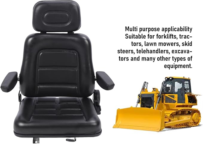 Pongnas Universal Lawn Mower Seat Tractor Seat Forklift Seat with Adjustable 30-180 Degree Tilt Slide Rail for Dumper Skid Loader Telehandler Backhoe Excavator Dozer (With armrest)