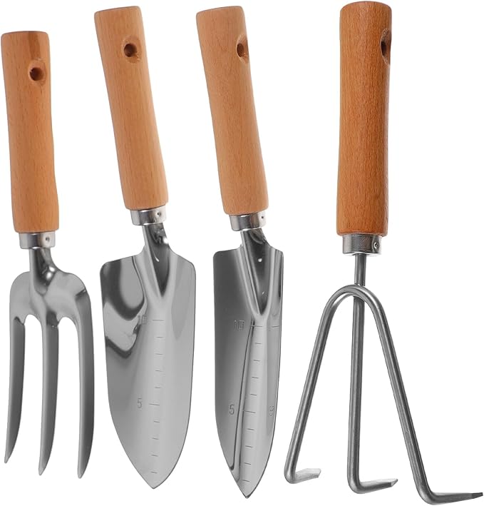 4pcs Wooden Handle Garden Tool Set – Small Hand Shovel Wide Trowel 3-Prong Rake and Cultivator for Yard Gardening and Planting Tasks