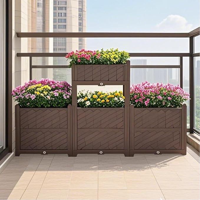 Rectangular Raised Garden Bed Kit Indoor Outdoor Plastic Planter Grow Box for Fresh Vegetables Herbs Flowers Succulents Brown BM133