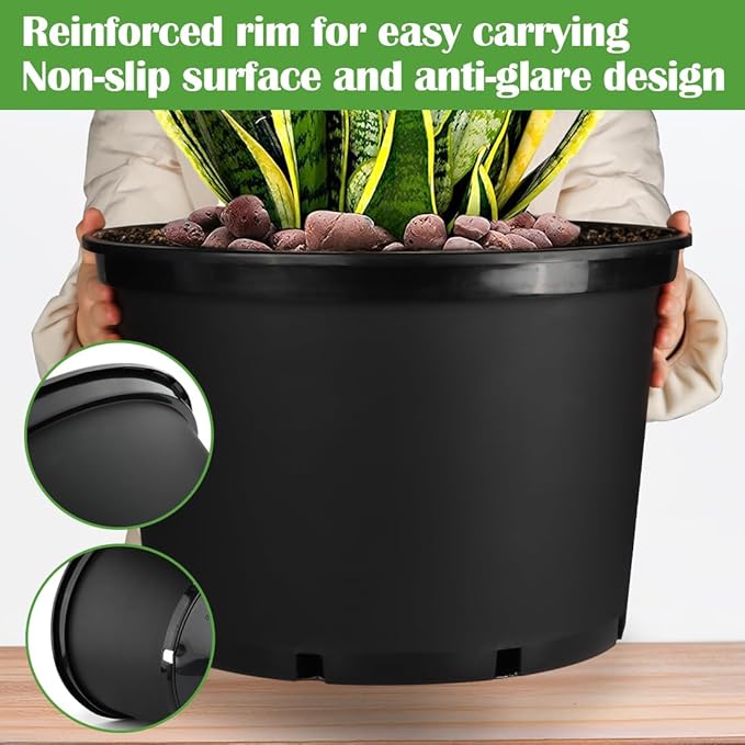 3/5/7 Gallon Nursery Pots 9 Pack Set Plastic Planter with Drainage Holes – Round Sturdy Deep Design for Indoor/Outdoor Plants