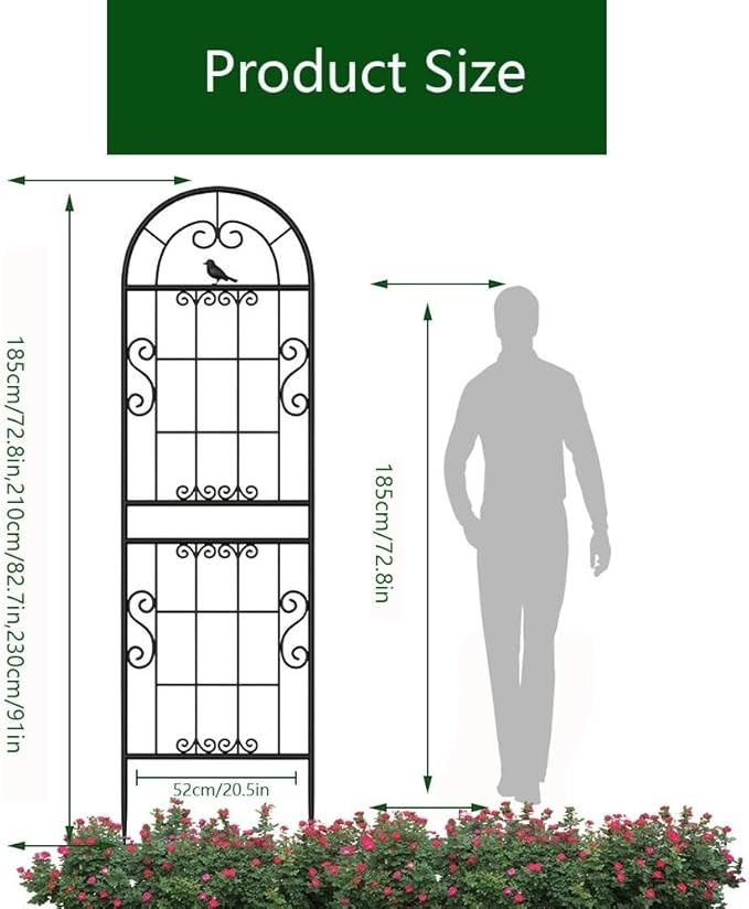 Beautiful Metal Fence Trellis Large Metal Garden Trellises for Climbing Plants Iron Trellis for Flower Rose Climbing(Color:BlackSize:210 * 52cm/82.7 * 20.5in)