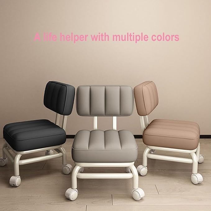 Ergonomic Low Rolling Stool With Back Support Soft Pu Leather Seat Metal Frame 360° Swivel Short Stool For Home Garden Office Garage Shop Comfortable And Durable Roller Chair With Rice White One Siz