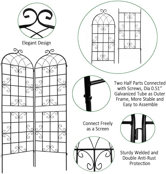 Sturdy Metal Garden Trellis for Climbing Plants – Rust-Resistant Outdoor Plant Support with Decorative Lattice Design (4 Pack-Black)