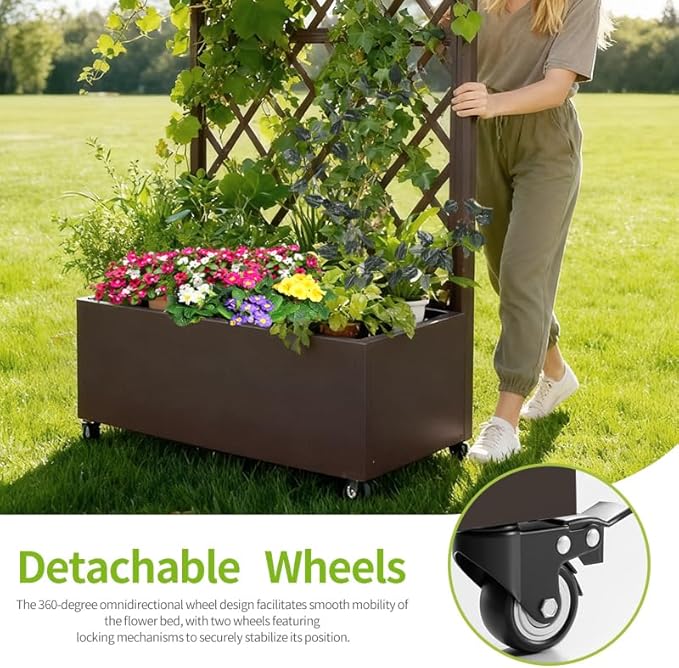 Metal Planter Box with Privacy Screen TrellisGalvanized Raised Garden Bed On Wheels for Climbing Plants Vines Standing Garden Flower Bed with Drainage Holes(Espresso 35 L x16 W x 55 H)