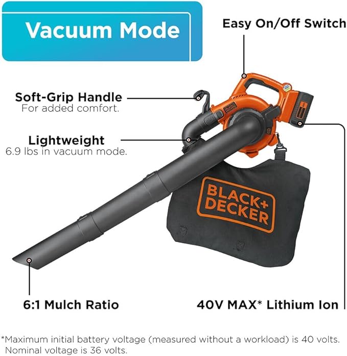 BLACK+DECKER Leaf Blower Cordless Leaf Vacuum and Mulcher Combo Kit Battery and Charger Included 40V 120 mph Air Speed 6-Speed Dial Built-in Scraper with Collection Bag (LSWV36)