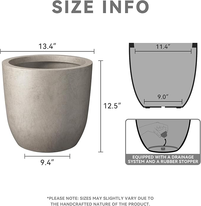 Kante 13.4 Dia Round Concrete Planter Large Outdoor Modern Indoor Decorative Plant Pots with Drainage Hole and Rubber Plug for Home and Garden Weathered Concrete