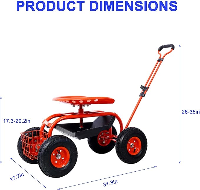 3-in-1 Garden Cart with Seat - Rolling Stool Adjustable Height Storage Tray &amp Utility Basket (Red)