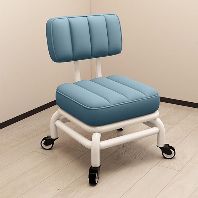 Ergonomic Low Rolling Stool With Back Support Soft Pu Leather Seat Metal Frame 360° Swivel Short Stool For Home Garden Office Garage Shop Comfortable And Durable Roller Chair With Blue One Size