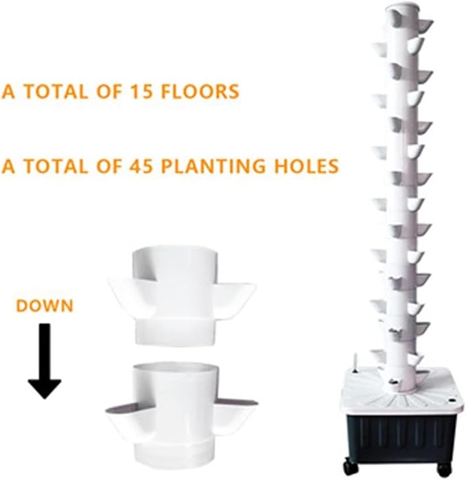 Hydroponic Grow Kit Indoor Garden Hydroponic Tower Growing Sytem 15 Layer 45 Plants Sites Vertical Hydroponic Tower with Pump and Movable Water Tank for Leafy Vegetables