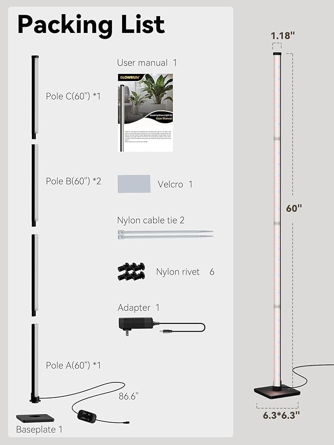 GLOWRIUM Grow Lights for Indoor Plants 36W Vertical Plant Grow Lights with Auto-Timer Full Spectrum LED Standing Plant Grow Light 3 Light Modes 6-Level Dimmable (60in)