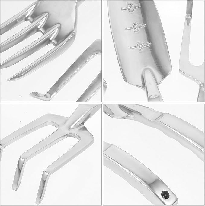 Garden Tool Set with Large Shovel Marked Trowel 3-Prong Rake and 4-Prong Cultivator – Multipurpose Outdoor Gardening Tools for Flower and Vegetable Planting Soil Loosening