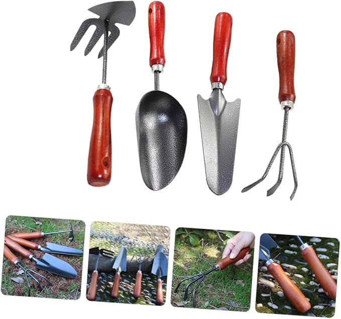 GANAZONO Garden Tool Set 4pcs Hand Trowel and Spade Shovel for Gardening Mini Narrow Shovel with Extended Handle Dual-use Cultivator and Rake Soil Scoop for Planting and Potting