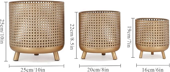 JHY DESIGN Set of 3 Plant Pots 10/8.5/7''H Metal Decoration Flower Pots with Hollow Design Large planters for Indoor &amp Outdoor Garden Home Balcony Railing Fence Plants(Gold)