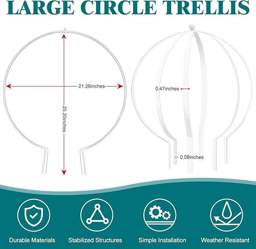 2 Pcs Large Metal Trellis Obelisks Sturdy Round Circle Trellis for Climbing Plant Support Indoor Outdoor Potted Vines Cucumbers &amp Flowers Patio Doorway Garden Decor (White 25.20 x 21.26'')