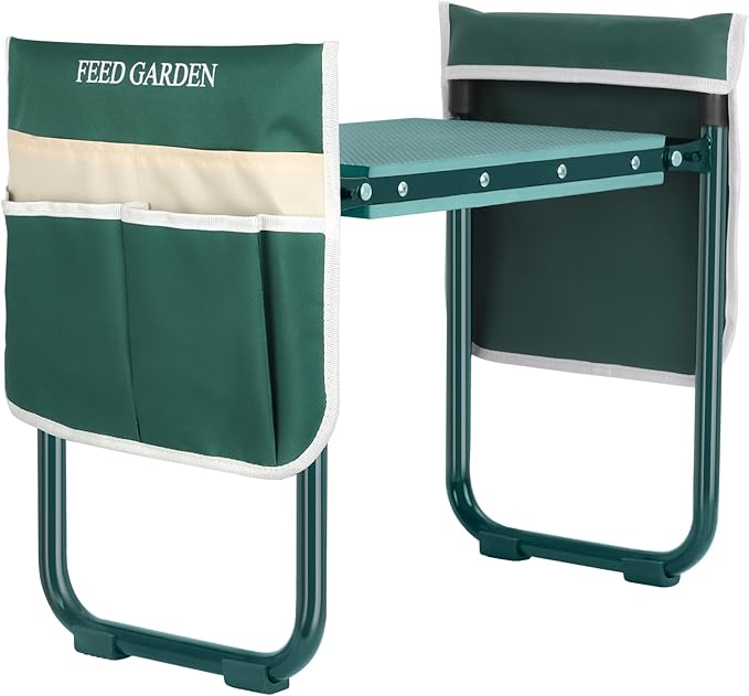 FEED GARDEN Garden Kneeler and Seat Upgraded Foldable Gardening Stool with 10.23 Wide Kneeling Pad Heavy Duty Gardening Bench Chair with 2 Tool Pouches Gardening Gifts for Seniors Mom Women Men