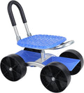 Rolling Garden Seat Utility Garden Stool with Flat Wheels Foldable Lazy Garden Seat Stool Picking Rotary Tool Cart with Storage Shelf Adjustable Height Blue
