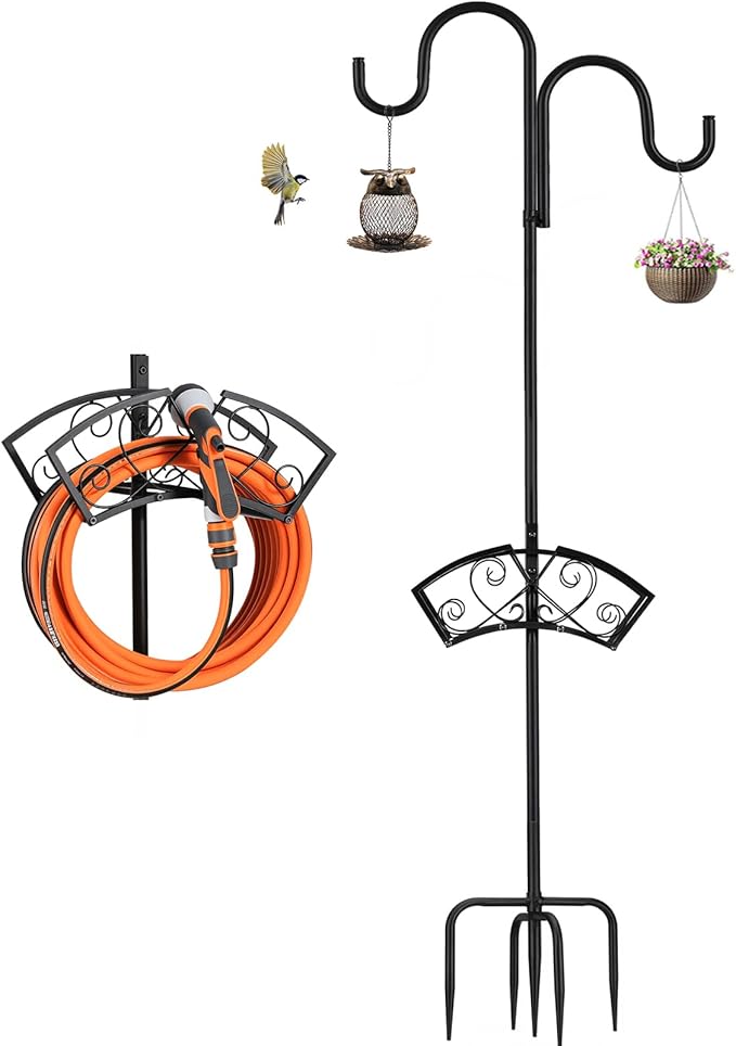 Garden Hose Holder Upgraded Heavy Duty Water Hose Holder Freestanding Hose Stand with 2 Shepherds Hooks Thickened Bird Feeder Pole Detachable Water Pipe Rack Organizer for Outside Yard Lawn