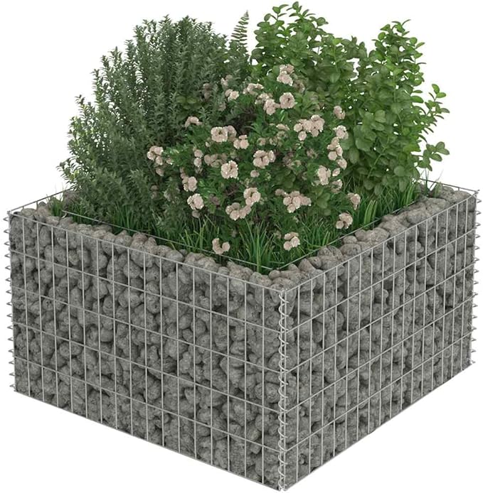 Gabion Raised Garden Bed Silver Galvanized Steel 35.4 x 35.4 x 19.7 Inch Square Planter for Outdoor Plants Durable Metal Structure