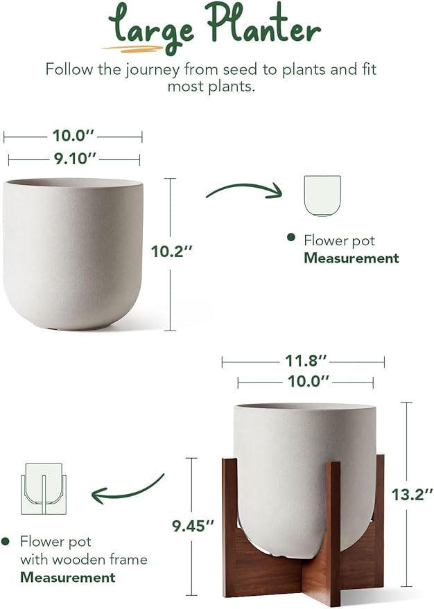 LE TAUCI 10 Inch Planter with Acacia Wood Stand Ceramic Planters for Indoor Plants Unique Plant Pots Indoor for Home Decor Cylinder Pots for Plants with Drainage Hole and Plug Neutral Gray