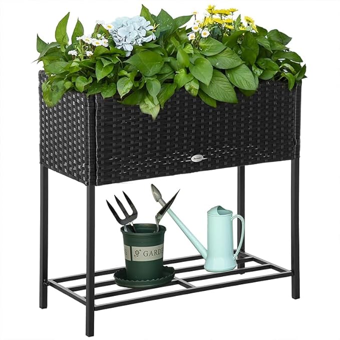 Outsunny Raised Garden Bed Elevated Planter Box with Rattan Wicker Look Tool Storage Shelf Portable Design for Herbs Vegetables Flowers Black