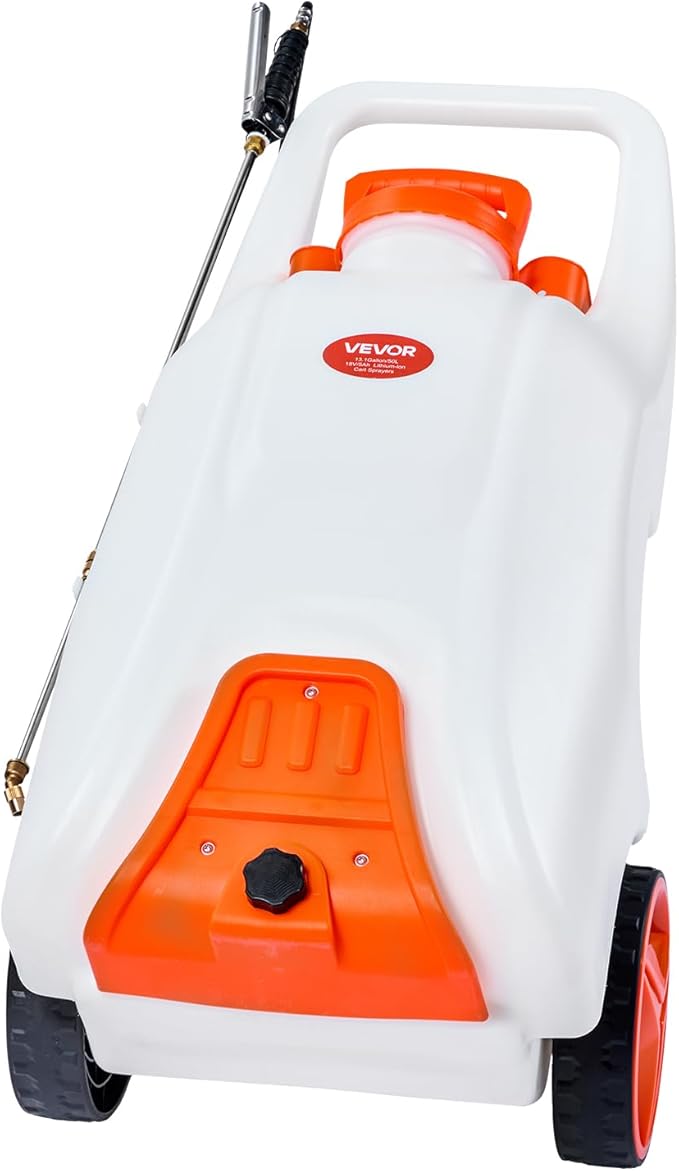 VEVOR 13.1 Gallon Battery Powered Sprayer with Wheels Adjustable 0-80 PSI 5 Nozzles and 98ft Hose Included Orange