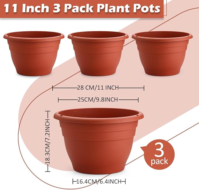 3 Pack 11 Inch Plant Pots Lightweight Planters with Drainage HolesDurable Indoor &amp Outdoor Flower Pots for GardenPatio &amp Home Decor(Pottery Red)
