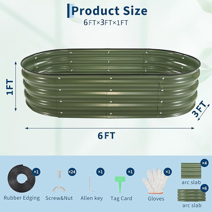 2-Pack 6×3×1 Ft Galvanized Steel Raised Garden Bed Outdoor Metal Planter Boxes for Vegetables Flowers &amp Herbs Above-Ground Gardening Beds Green
