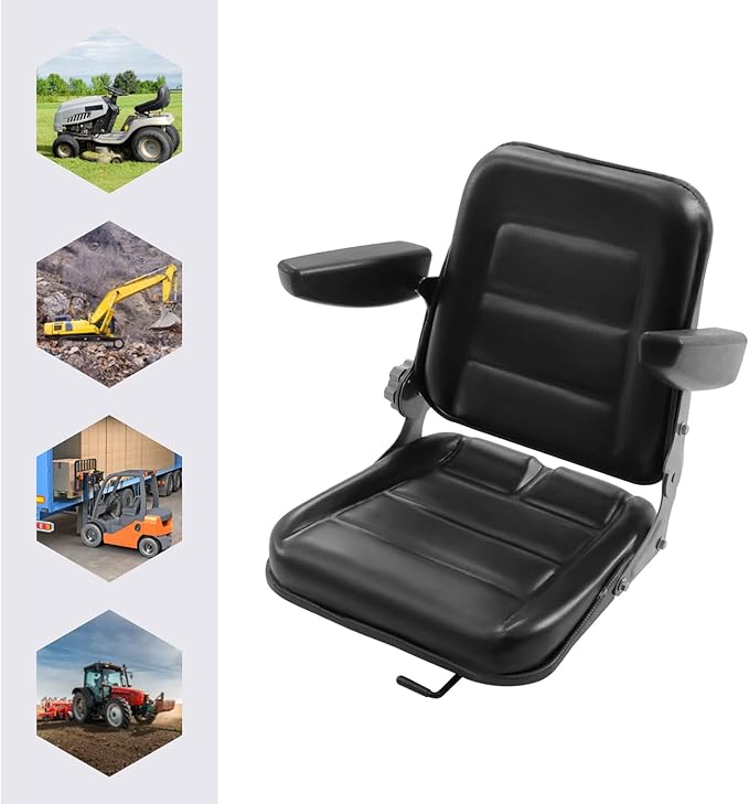 Universal Lawn Mower Seat Fold Down PVC Tractor Seats with Adjustable Backrest Replacement Forklift Accessories with Armrest for Forklifts Aerial Lift Riding Mowers Tractors Excavators Use