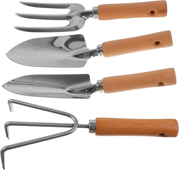 4pcs Garden Tool Set with Wooden Handles – Stainless Steel Wide Shovel Pointed Trowel 3-Prong Rake and Cultivator for Lawn and Vegetable Gardening