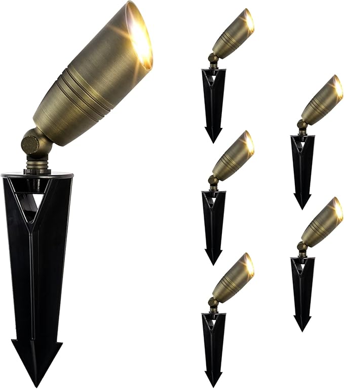 12V Waterproof Solid Brass Landscape Spotlights - 6 Pack Low Voltage Outdoor Lights with Ground Spike for Garden Yard Patio Walkway Driveway and Porch
