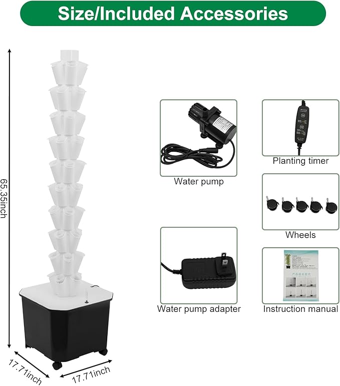 Hydroponic Grow System 10 Tiers 50 Holes Mobile Hydroponic Growing Kit with Water Pump &amp Timer Indoor Outdoor Vertical Garden Kit for Leafy Vegetables Strawberries on Balcony Home Office Whi