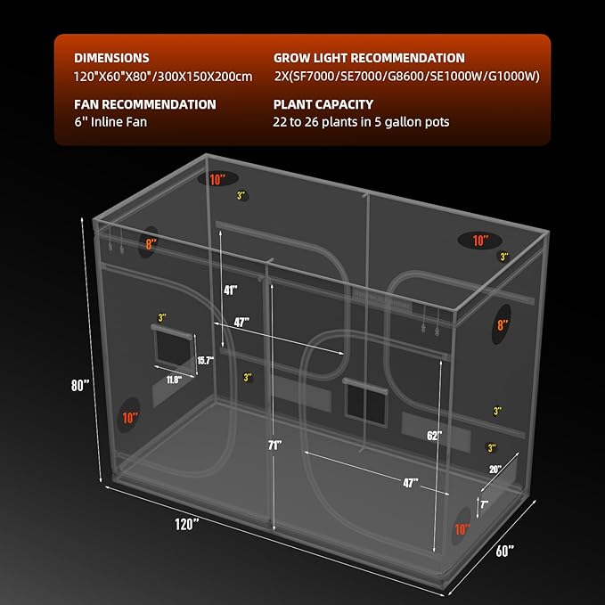 Spider Farmer 10x5 Grow Tent 120x60x80 with Hook for Controller 1680D Thicken Mylar Canvas Enlarged View Window for Indoor Hydroponic Growing for SF7000 SE7000 G7000