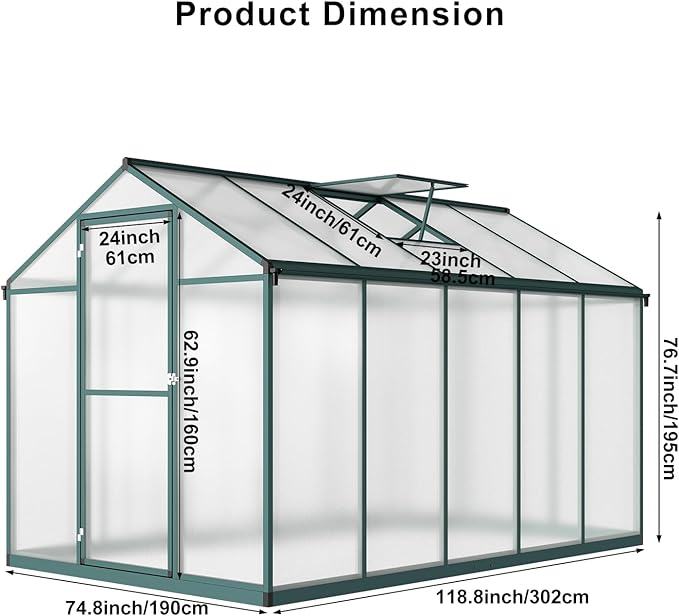 Greenhouse for Outdoors Polycarbonate Greenhouse with Quick Setup Structure and Roof Vent Aluminum Large Walk-in Greenhouse for Outside Garden Backyard (Green 10'D x 6.25'W)