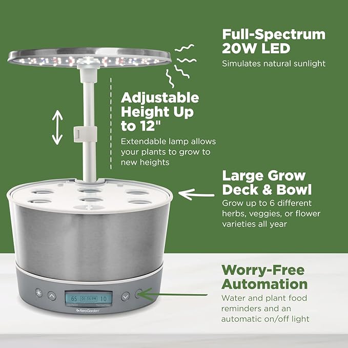 AeroGarden Harvest Elite 360 Indoor Garden Hydroponic System with LED Grow Light and Herb Kit Holds up to 6 Pods White