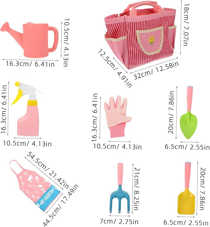 SUPVOX Miniature Kids Garden Tool Set Shovel Rake Trowel Watering Can Gloves Sprinkler and Apron Promotes Imagination Nature Exploration
