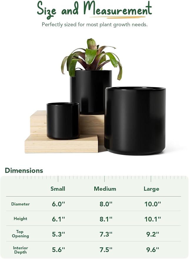 LE TAUCI Ceramic Pots for Plants 10/8/6 Inch Indoor Planters with Draiange Hole Silicone Plug &amp Mesh Pad Modern Minimalist Pots for Home Office Set of 3 Satin Black