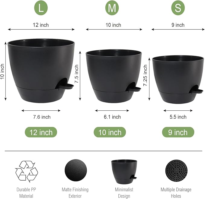 Large Self Watering Pots 12/10/9 Plastic Planters with High Drainage Holes and Deep Reservoir for Indoor Outdoor Garden Plants and Flowers Black