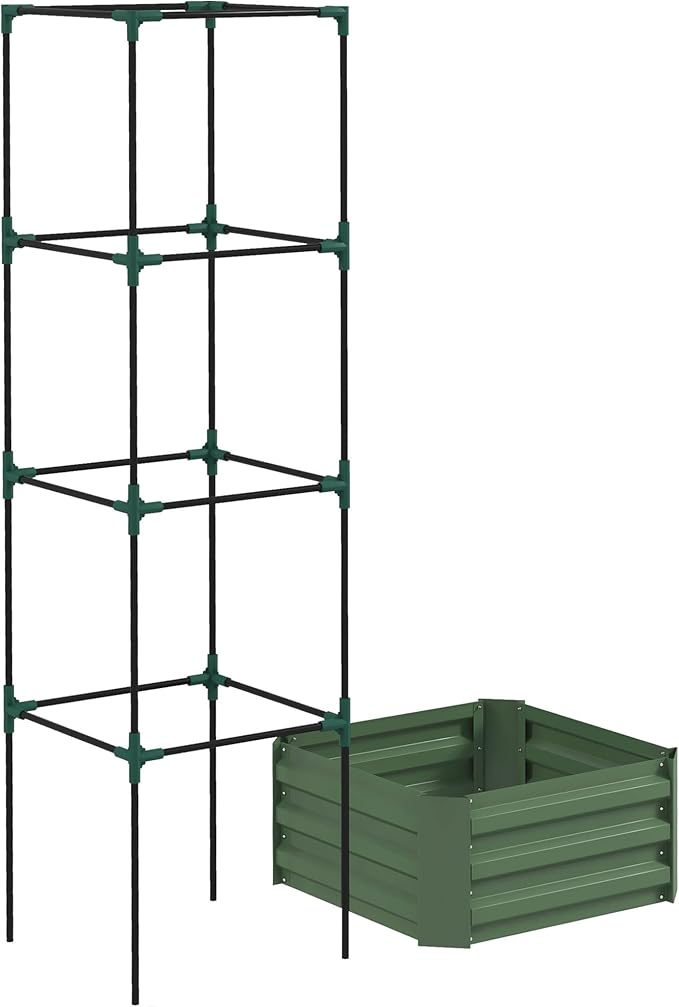 Galvanized Raised Garden Bed 24 x 24 x 11.75 Outdoor Planter Box with Adjustable Trellis Tomato Cage Open Bottom for Vegetables Vines Flowers in Garden Patio - Green