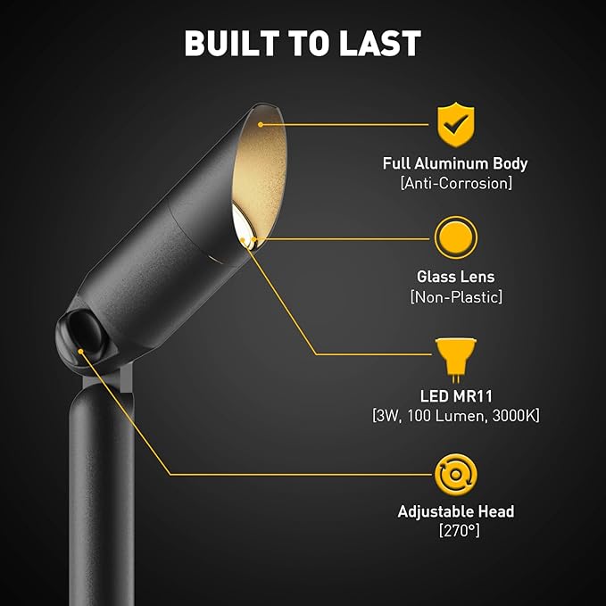 GOLDEN STAR Low Voltage Landscape Light 3W 100Lumen 12V Outdoor Spotlights LED Landscape Lighting 3000K Warm White Flood Lights 2Pack with Metal Stake &amp Connector for Walls Trees Yard Garden Tree
