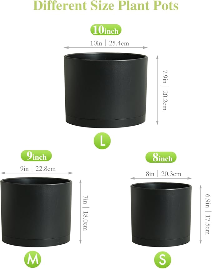 Large Plant Pots Set of 3 – 8 9 10 Indoor Flower Pots with Drainage Holes and Saucers Big Planters for Monstera Fiddle Leaf Fig Snake Plant – 5 Colors